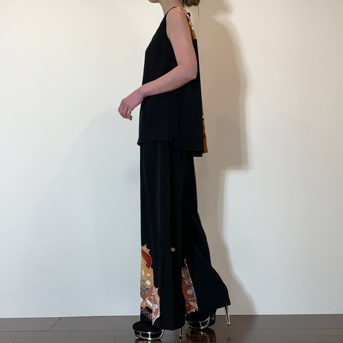 着物リメイク 総刺繍柄ワイドパンツのセットアップ ロングパンツ