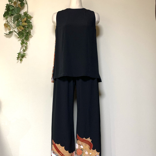 着物リメイク 総刺繍柄ワイドパンツのセットアップ ロングパンツ