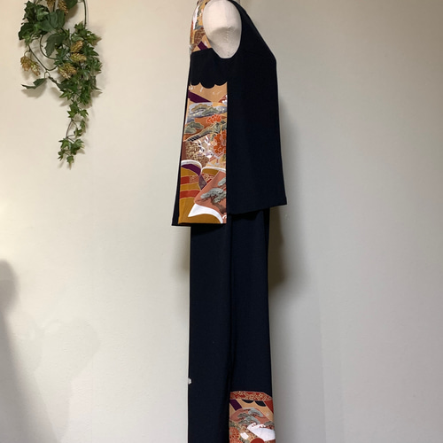 着物リメイク 総刺繍柄ワイドパンツのセットアップ ロングパンツ