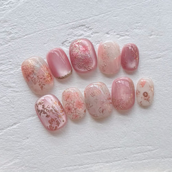 ネイルチップ オーダー 受付！ ホワイトラメ ピンク リボン ストーン