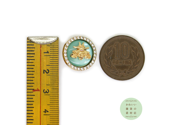 18mm キラキラ☆ラインストーンで囲んだ蜜蜂の丸いビジューボタン（ミントグリーン/ゴールド）#BUB-0004 3枚目の画像