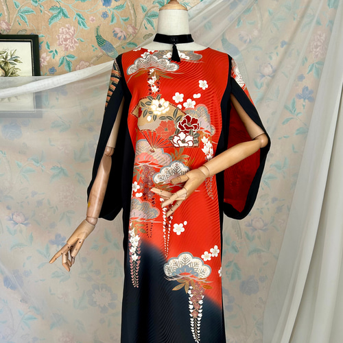 【正絹】着物リメイク 振袖ドレス／絞り／アメリカンスリーブワンピース［375］ 極上【正絹】着物リメイク 総絞りの振袖ドレス／キャミワンピ