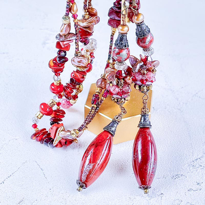 ガーネット 天然石 ラリエット ネックレス 大粒 赤 ビーズ  ロングネックレス 大ぶり 金属アレルギー対応 14KGF