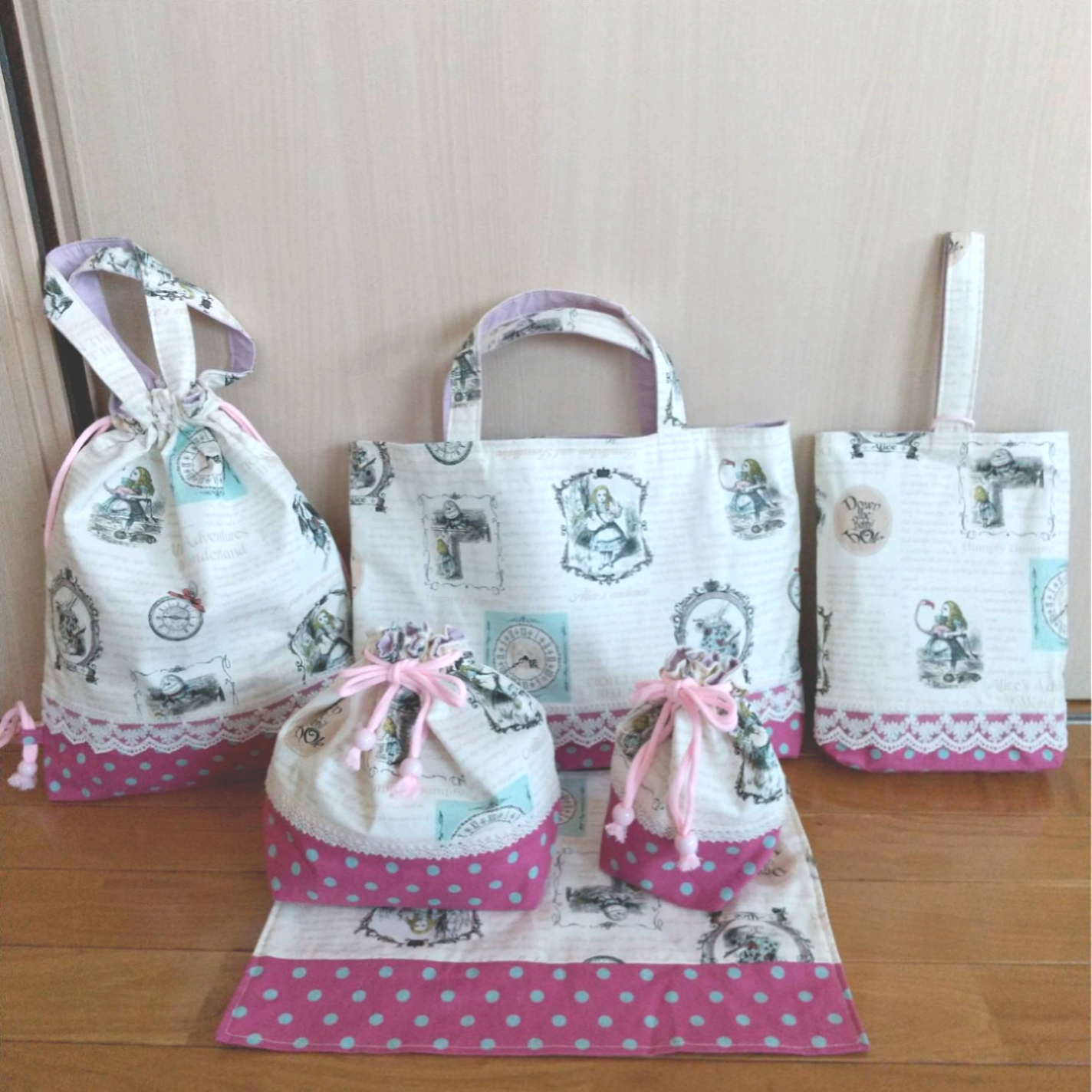 送料無料 入園セット　入学セット  女の子　レッスンバッグ 他 6点セット アリス ウサギ