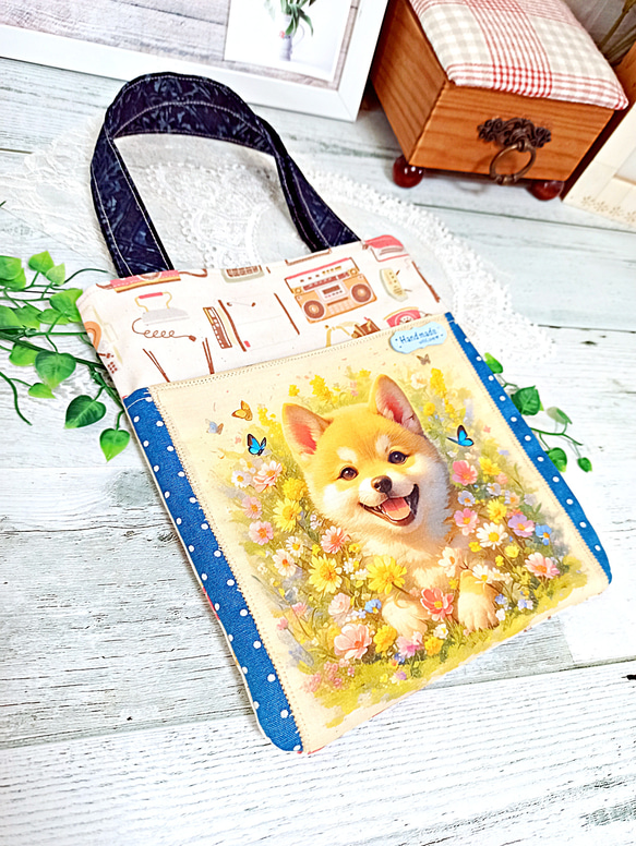 前ポケット・内ポケット付き トートバッグ 柴犬さん＆レトロ家電♡ 12枚目の画像