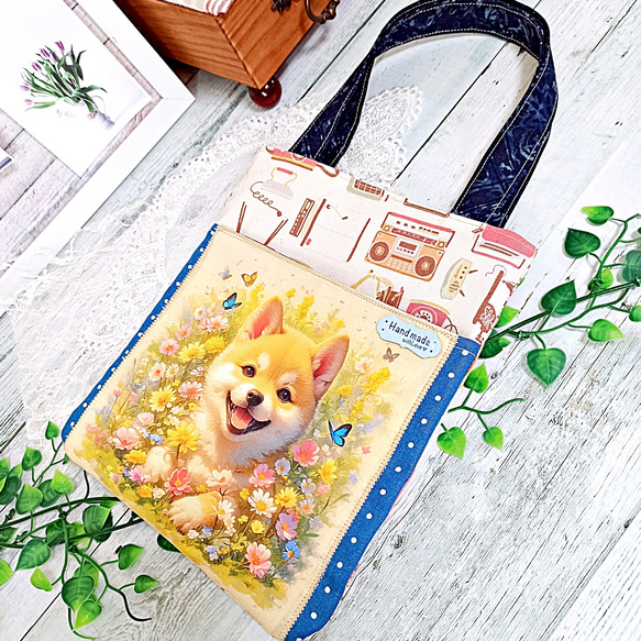 前ポケット・内ポケット付き トートバッグ 柴犬さん＆レトロ家電♡ 3枚目の画像