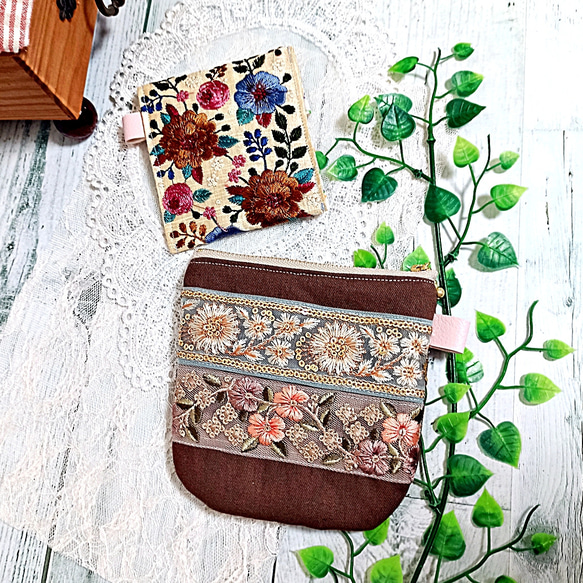 インド刺繍リボン フラップポーチ＆ファスナーポーチ おしゃれ2点セット【A】 3枚目の画像