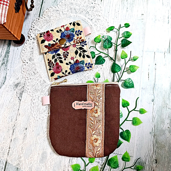 インド刺繍リボン フラップポーチ＆ファスナーポーチ おしゃれ2点セット【A】 2枚目の画像