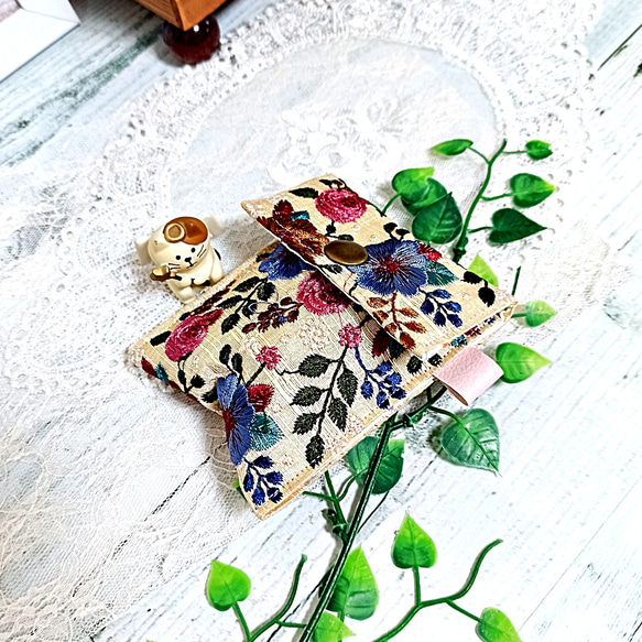 インド刺繍リボン フラップポーチ＆ファスナーポーチ おしゃれ2点セット【A】 7枚目の画像