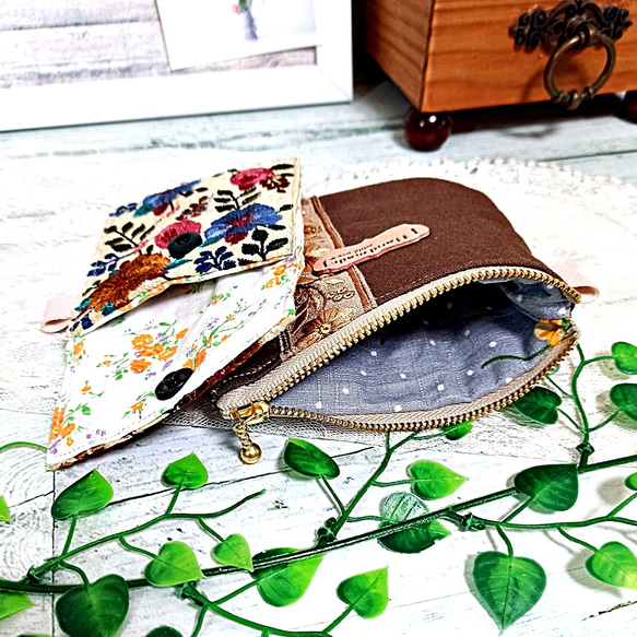 インド刺繍リボン フラップポーチ＆ファスナーポーチ おしゃれ2点セット【A】 4枚目の画像