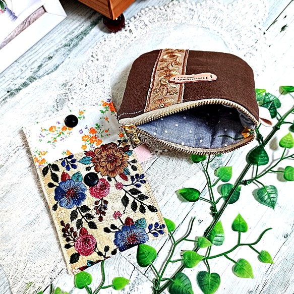 インド刺繍リボン フラップポーチ＆ファスナーポーチ おしゃれ2点セット【A】 5枚目の画像