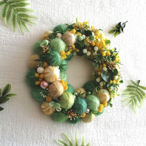 心がぽかぽか♡毛糸玉とミモザの春リース（Mサイズ） リース Allium