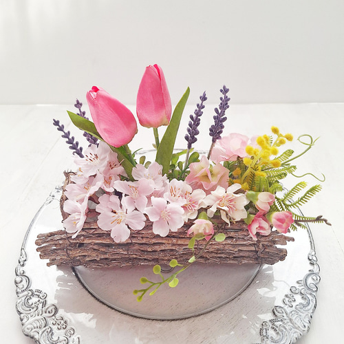 ❰ 感謝価格です♪❱ 造花アレンジメント♡ 八重桜・チューリップ・マム 春のアレンジメント/桜•ミモザ•チューリップ•ラベンダー•スイートピー