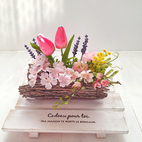❰ 感謝価格です♪❱ 造花アレンジメント♡ 八重桜・チューリップ・マム 春のアレンジメント/桜•ミモザ•チューリップ•ラベンダー•スイートピー