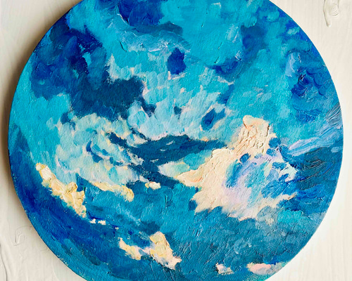 最も完璧な 直径25㎝「朝の空 2025-2」油彩・絵画・原画・丸形・アート 絵画