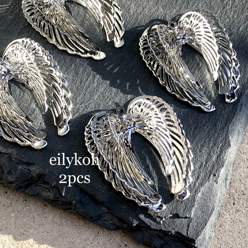 2個/ ビジュー付き 透かしメタルウイング チャーム 翼 シルバー