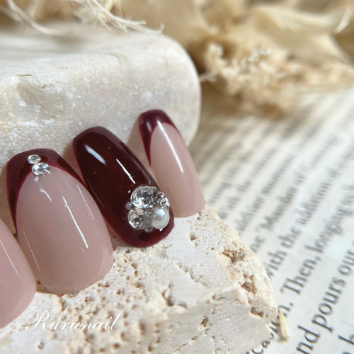ネイルチップ/ボルドーフレンチ/ビジュー/シンプル/キレイめ/286