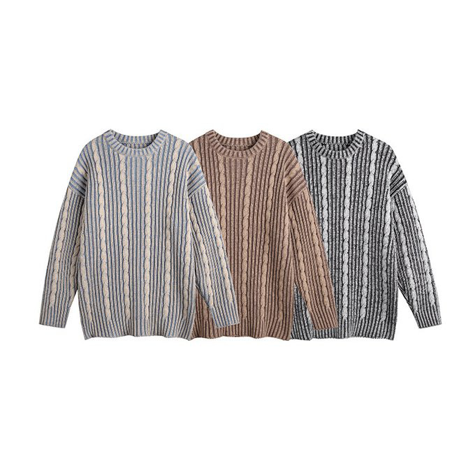 春 秋冬新作 縦ストライプ ツイスト クルーネックニットセーター メンズ 男 おしゃれ 暖かいカップルセーター