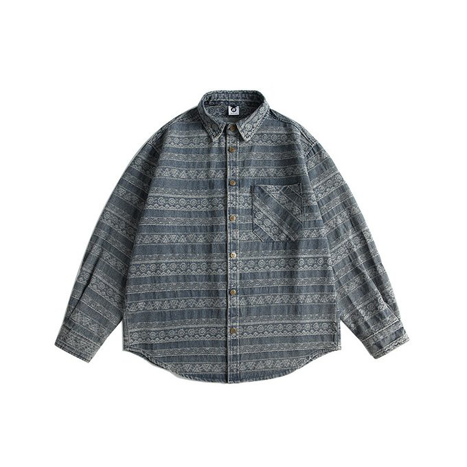 春 秋冬新作 メンズ エスニックストライプラペル長袖デニムシャツ 男 おしゃれ 通勤 ビジネス トップス