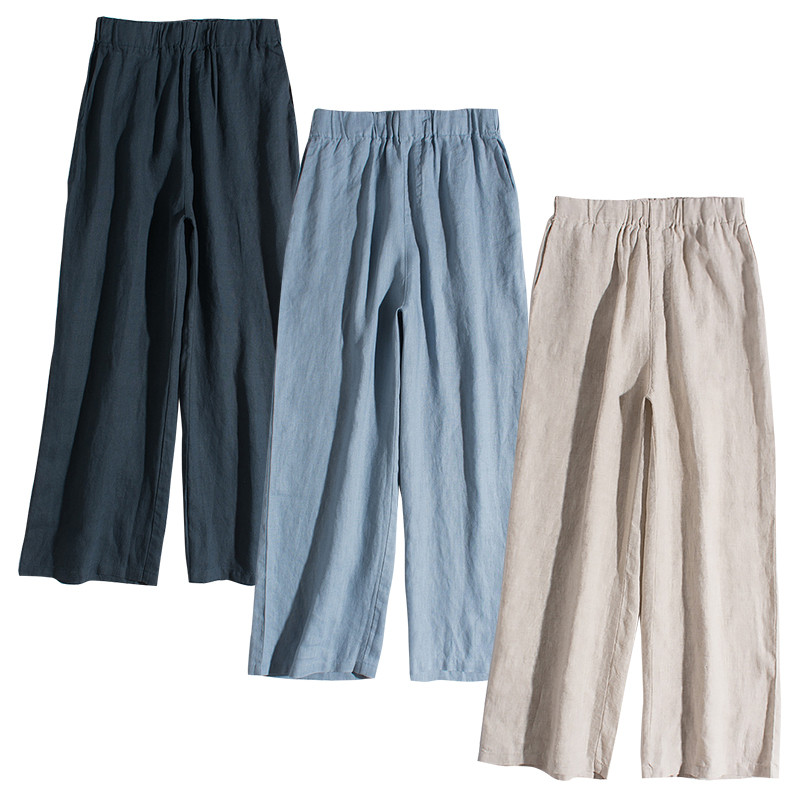 9分丈リネンパンツ　ゴムウエストゆとりパンツ　リネンワイドパンツ　5色　S-XLサイズ　L532