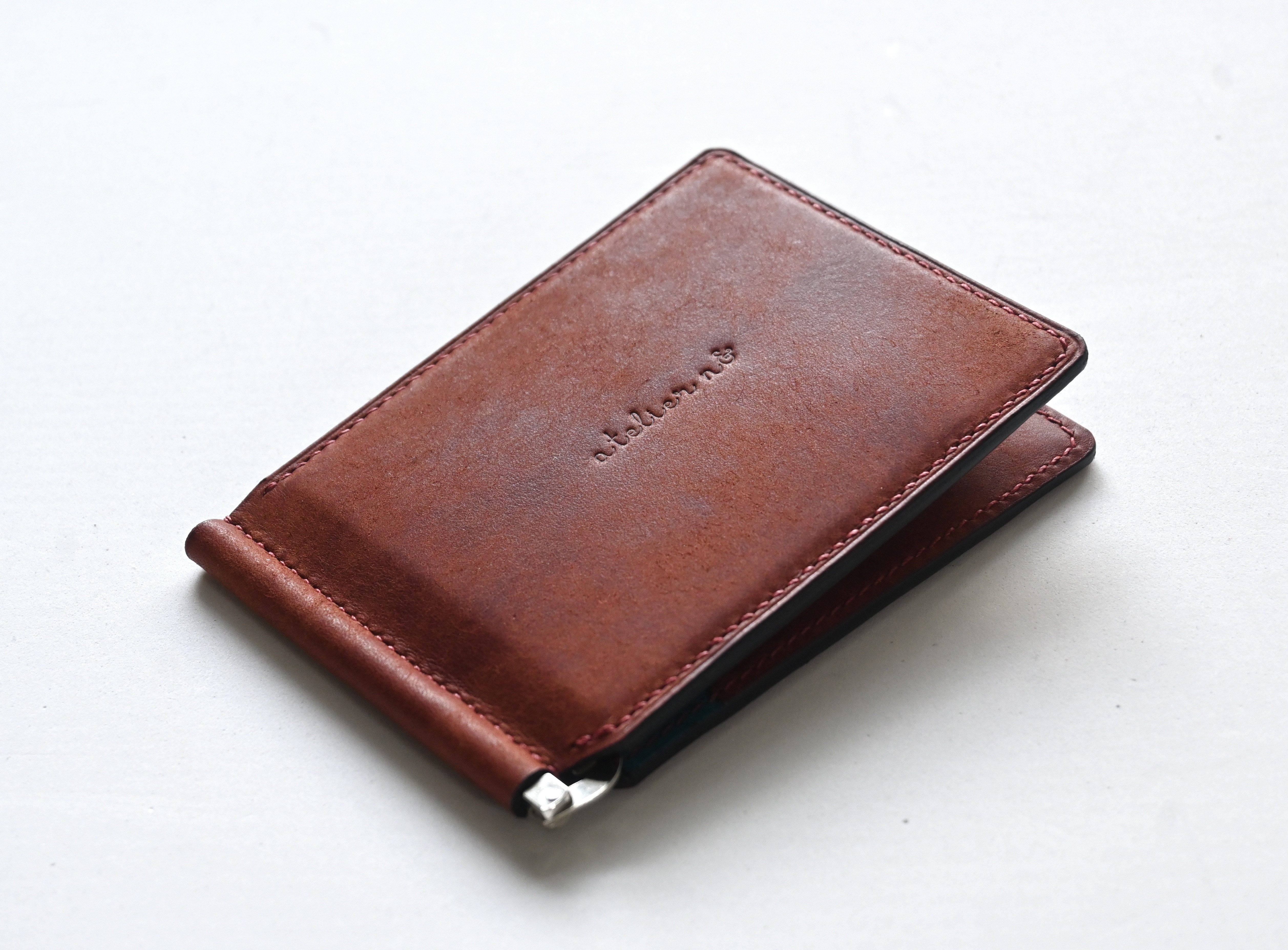 マネークリップ【レッドブラウン×ターコイズ】　イタリアンレザー　マルゴー　二つ折り財布