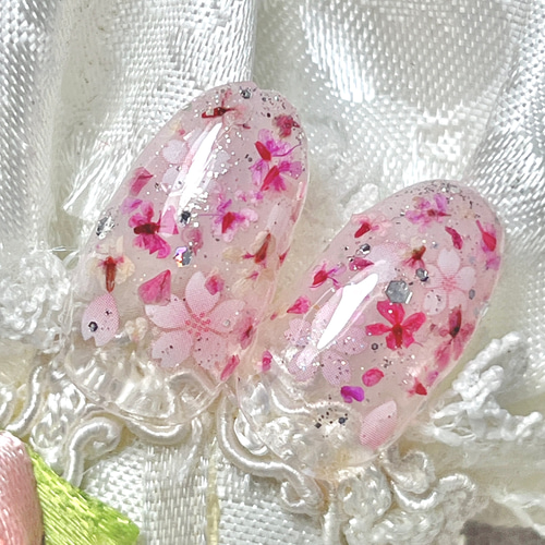 オーダー水光桜 桜ホロネイル ピンク ネイルチップ 春ネイル