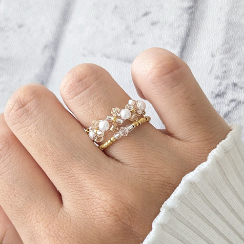 スワロとパールのビーズリングセット❃ ビーズ スワロ パール リング