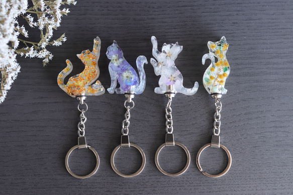 選べるシルエット&お花&誕生石】お花ネコさんのバックチャーム