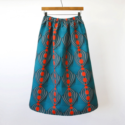 アフリカ布のロングスカート（ ピーコックブルー ）サイドポケット付き