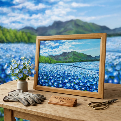 油彩画【幸せを運ぶネモフィラの花園】原画一点物・インテリア・ギフト