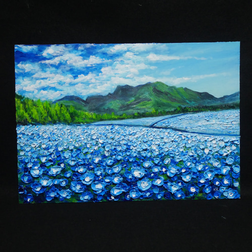 油絵 油彩 油彩画 絵 絵画 【ネモフィラと菜の花の道】 油絵 油彩 油彩画 絵画 絵【ネモフィラと菜の花の道】 | HIROSHI1990