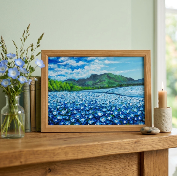 油彩画【幸せを運ぶネモフィラの花園】原画一点物・インテリア・ギフト