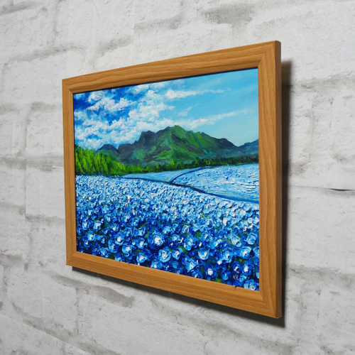 油絵 油彩 油彩画 絵 絵画【ネモフィラと藤の花】 油絵 油彩 油彩画 絵 絵画 【ネモフィラと青い満月と星空