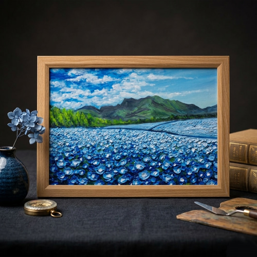 油彩画【幸せを運ぶネモフィラの花園】原画一点物・インテリア・ギフト