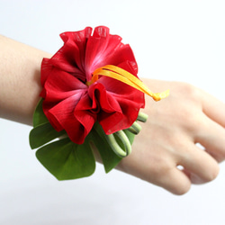 ハイビスカス・ヘアゴム(赤)モンステラ葉／フラに浴衣にウクレレ