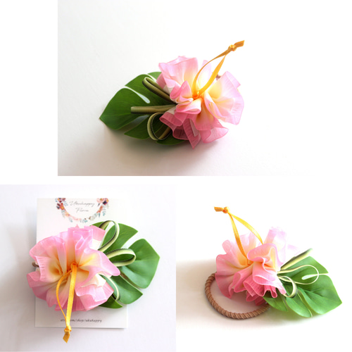 ハイビスカス・ヘアゴム(ピンク)モンステラ葉／フラに浴衣にウクレレ