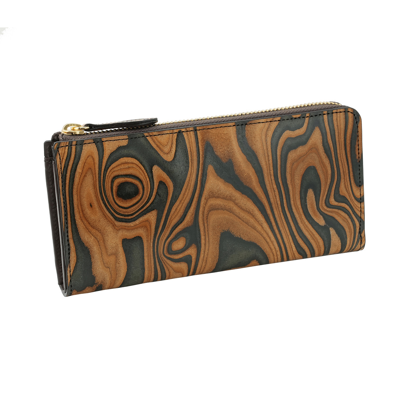 唯一無二 の 漉き模様革 スキモレザー 本革 L字ファスナー 長財布 （トラ柄のような模様）茶黒