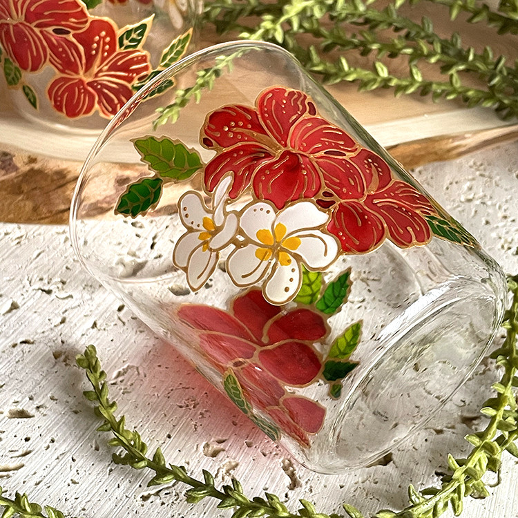 ハイビスカスとプルメリア　耐熱マグ　手描き/記念日/お祝い/名入れ（有料）