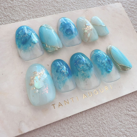 ターコイズ ネイルチップ 青系 ブルー 南国 リゾート 水色 パステルブルー ハワイアン ワイキキ グアム 沖縄 アロハ 3枚目の画像