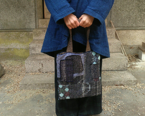 着物リメイクのペタンコバッグ｜古布×刺し子パッチワーク｜A4対応