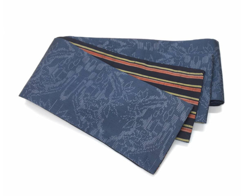 半幅帯 光源氏綿麻 正絹紬 正絹 お洒落 紬xお召 風景柄x縞 半幅帯 個性派 長さ408 幅14.5