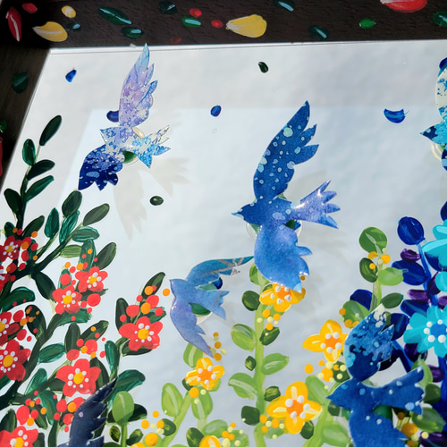 残り一点/透明アート原画】森庭散歩~ダークグリーン×鳥~ クリアBOX