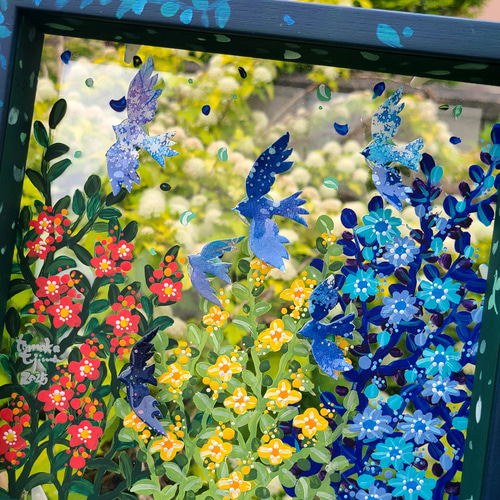 残り一点/透明アート原画】森庭散歩~ダークグリーン×鳥~ クリアBOX