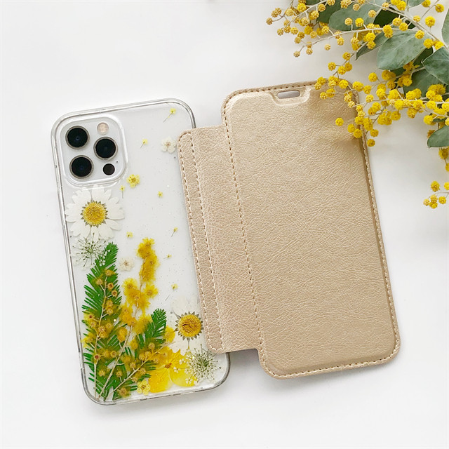 iPhone17Pro/17/17ProMax/GalaxyS25 ミモザ押し花ケース 手帳型スマホケース