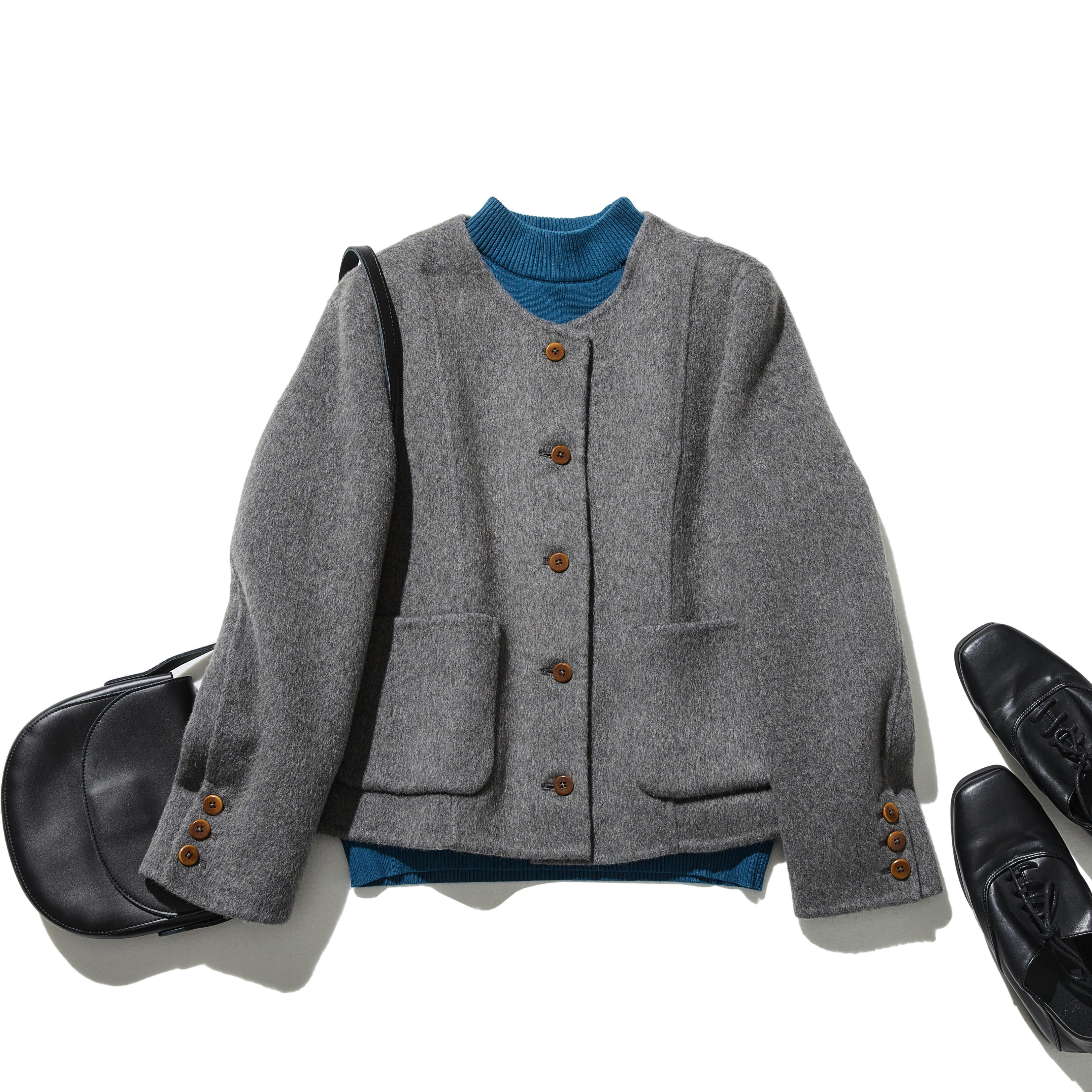 ★即納★シンプルながらもおしゃれダブルフェースコート　　ウール混ショート丈ジャケット　グレー　250201-2