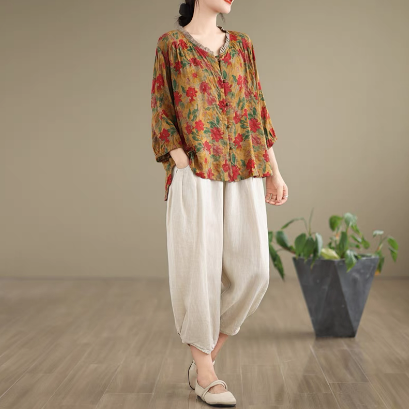 上下セット、綿麻セット、トップス、ボトムス、シャツ、パンツ、レディース