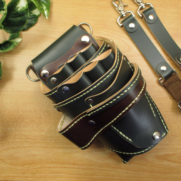 ダークグリーン＆焦げ茶6丁差し本革シザーケースSCA-151/CGA