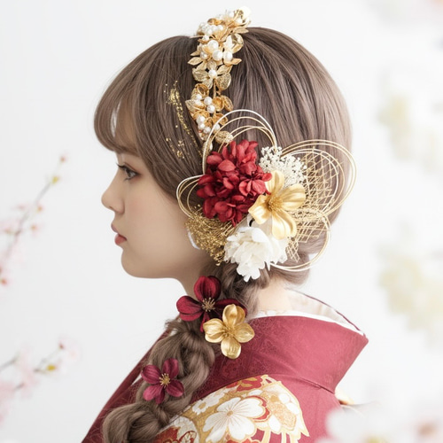 A113 カチューシャ ゴールド×赤 髪飾り 成人式 卒業式 袴 振袖 結婚式