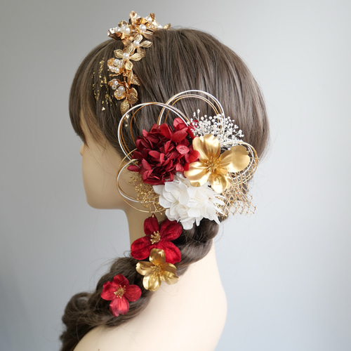 和装髪飾り　水引×金箔×カチューシャ　赤　ホワイト　ゴールド A113 カチューシャ ゴールド×赤 髪飾り 成人式 卒業式 袴 振袖 結婚式