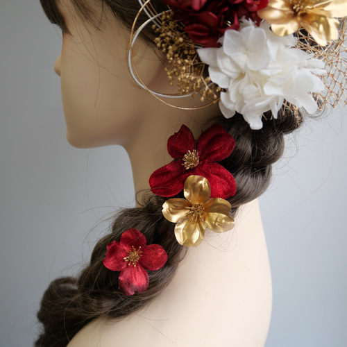 A113 カチューシャ ゴールド×赤 髪飾り 成人式 卒業式 袴 振袖 結婚式